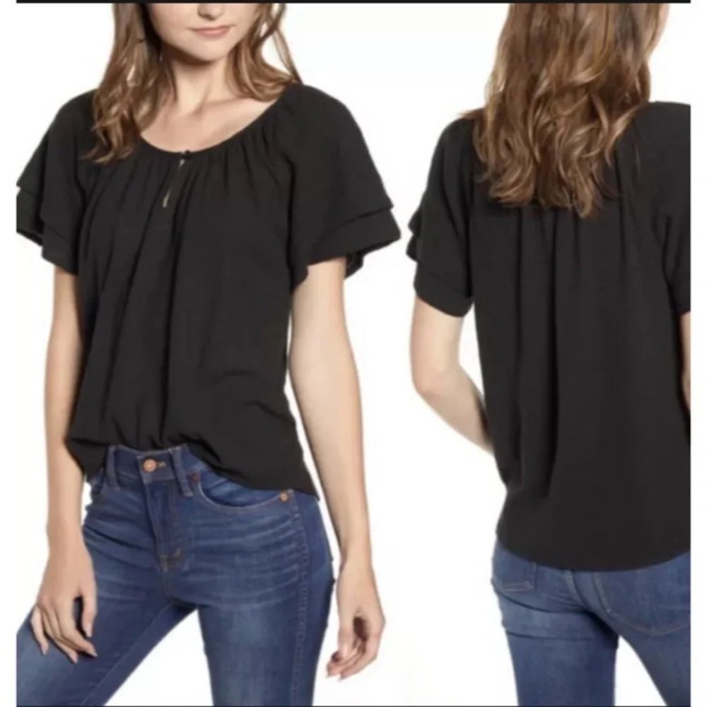 Madewell Womens Texture & Thread Tiered Sleeve Top Cotton in Black Sz M
